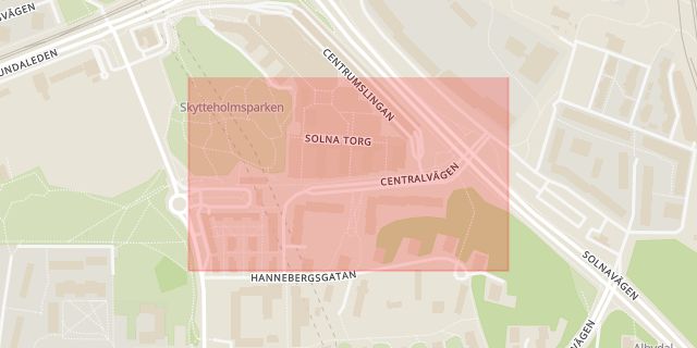 Karta som med röd fyrkant ramar in Centralvägen, Solna, Stockholms län