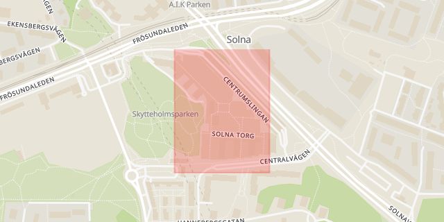 Karta som med röd fyrkant ramar in Stockholm, Solna Centrum, Solna, Stockholms län