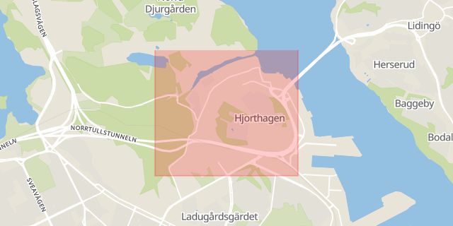 Karta som med röd fyrkant ramar in Hjorthagen, Stockholm, Stockholms län