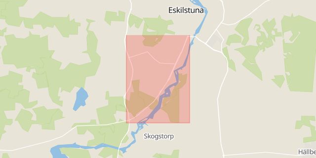 Karta som med röd fyrkant ramar in Södermanland, Strängnäsvägen, Eskilstuna, Kjulavägen, Skogstorpsvägen, Södermanlands län