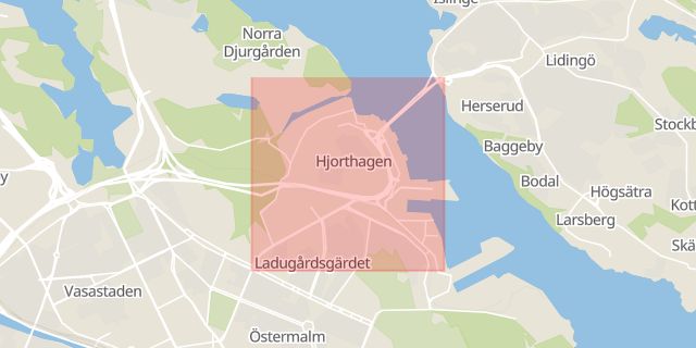 Karta som med röd fyrkant ramar in Östermalm, Lidingövägen, Stockholm, Stockholms län
