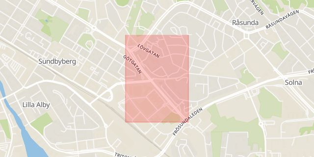 Karta som med röd fyrkant ramar in Råsunda, Gränsgatan, Solna, Stockholms län