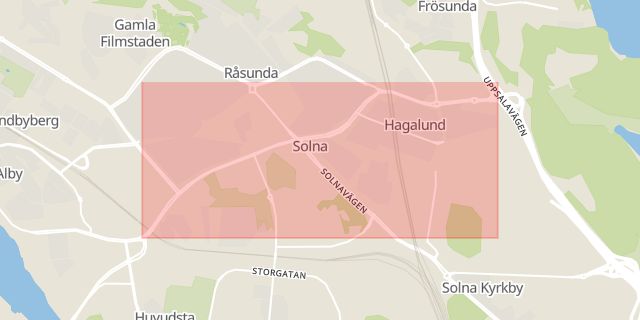 Karta som med röd fyrkant ramar in Frösunda, Frösundaleden, Solna, Stockholms län