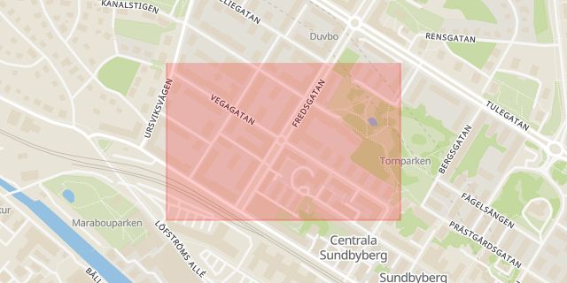 Karta som med röd fyrkant ramar in Centrala Sundbyberg, Vegagatan, Sundbyberg, Stockholms län
