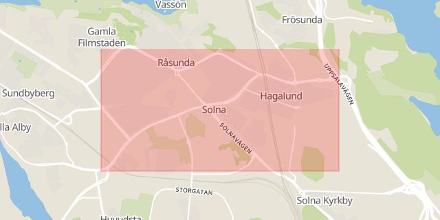 Karta som med röd fyrkant ramar in Frösundaleden, Solna, Stockholms län