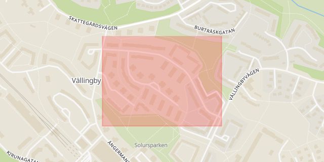 Karta som med röd fyrkant ramar in Härjedalsgatan, Vällingby, Stockholm, Stockholms län