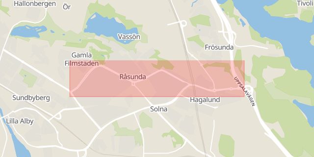 Karta som med röd fyrkant ramar in Råsunda, Duvbo, Solna, Stockholms län