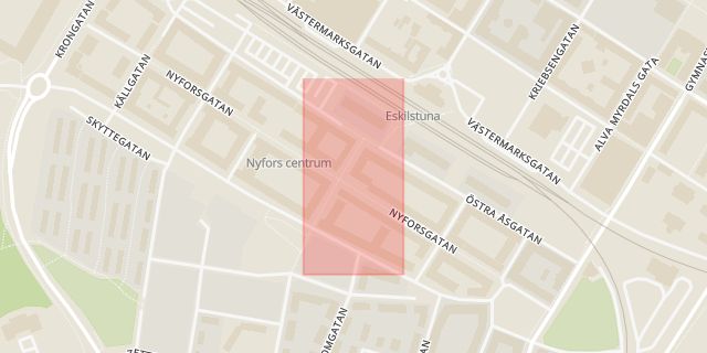 Karta som med röd fyrkant ramar in Nygatan, Smedjegatan, Eskilstuna, Södermanlands län