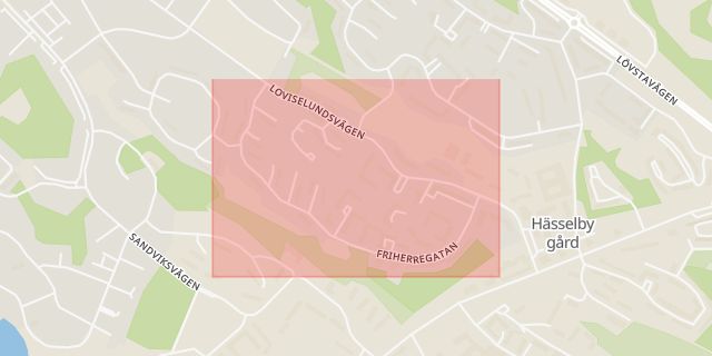 Karta som med röd fyrkant ramar in Hässelby Gård, Friherregatan, Stockholm, Stockholms län