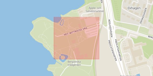 Karta som med röd fyrkant ramar in Frescati, Veit Wittrocks Väg, Stockholm, Stockholms län
