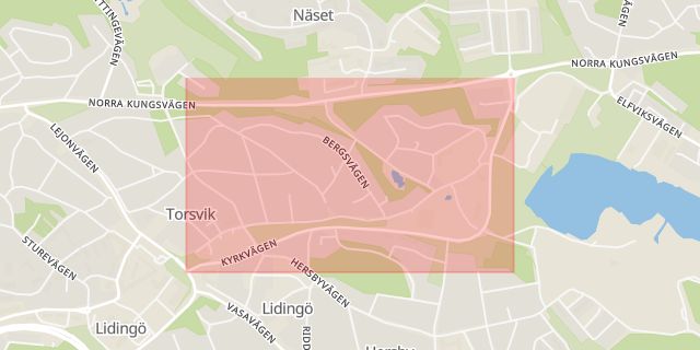 Karta som med röd fyrkant ramar in Kyrkvägen, Hersby, Lidingö, Stockholms län