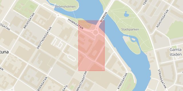 Karta som med röd fyrkant ramar in Nybrogatan, Eskilstuna, Södermanlands län