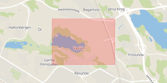 Karta som med röd fyrkant ramar in Råsta Strandväg, Solna, Stockholms län