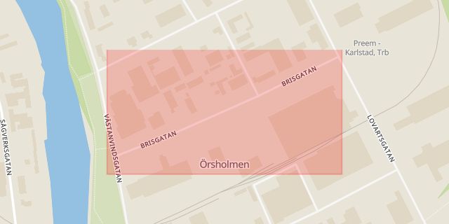 Karta som med röd fyrkant ramar in Örsholmen, Brisgatan, Karlstad, Värmlands län