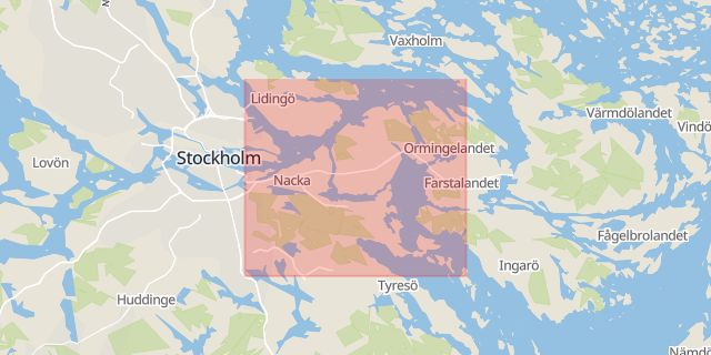 Karta som med röd fyrkant ramar in Henriksdal, Kvarnholmsvägen, Nacka, Stockholms län