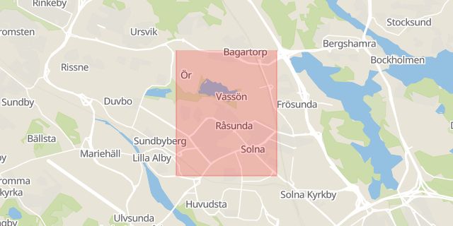 Karta som med röd fyrkant ramar in Råsunda, Solna, Stockholms län