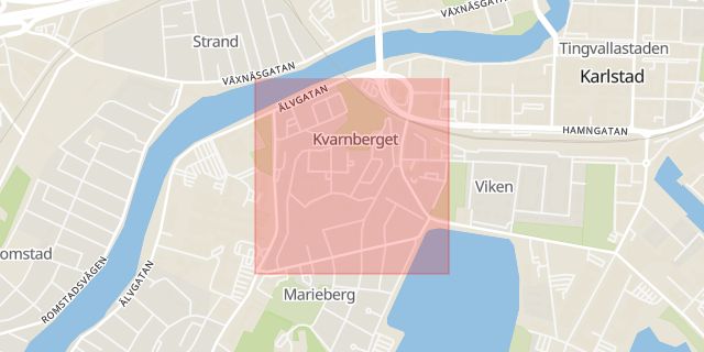 Karta som med röd fyrkant ramar in Kvarnberget, Karlstad, Värmlands län