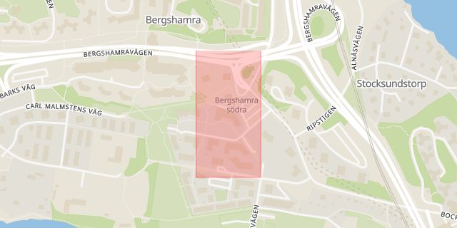 Karta som med röd fyrkant ramar in Bergshamra, Odlingsvägen, Solna, Stockholms län