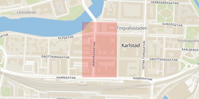 Karta som med röd fyrkant ramar in Järnvägsgatan, Karlstad, Värmlands län