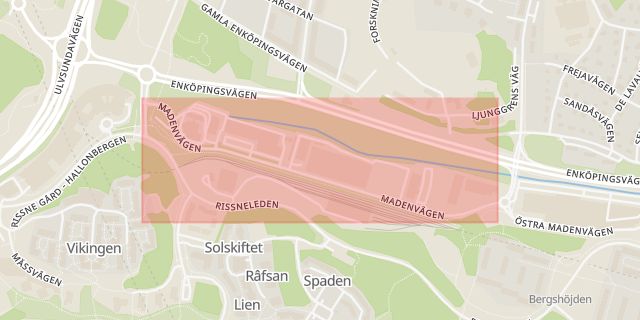 Karta som med röd fyrkant ramar in Madenvägen, Rissne, Sundbyberg, Stockholms län