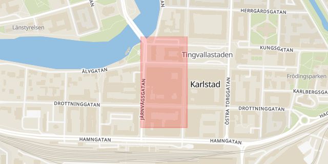 Karta som med röd fyrkant ramar in Mitt I City, Östra Kanalgatan, Karlstad, Värmlands län