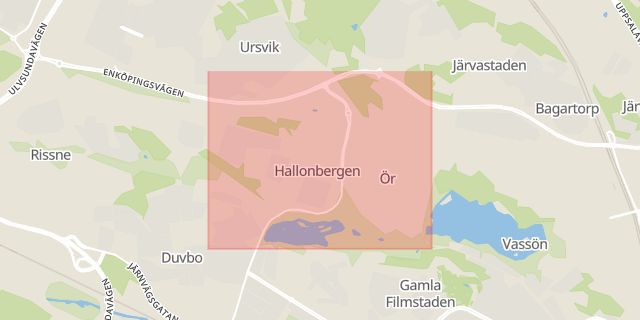 Karta som med röd fyrkant ramar in Hallonbergen, Sundbyberg, Stockholms län