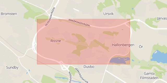 Karta som med röd fyrkant ramar in Rissneleden, Sundbyberg, Stockholms län