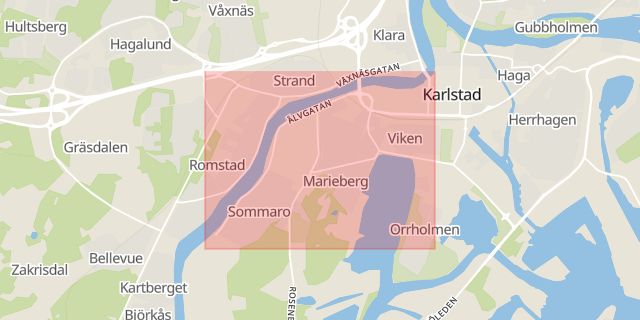 Karta som med röd fyrkant ramar in Älvgatan, Karlstad, Värmlands län