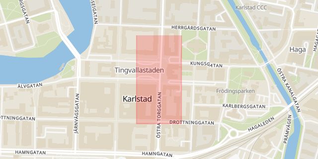 Karta som med röd fyrkant ramar in Tingvallagatan, Östra Torggatan, Karlstad, Värmlands län