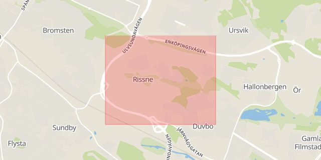 Karta som med röd fyrkant ramar in Rissne, Kista, Sundbyberg, Stockholms län