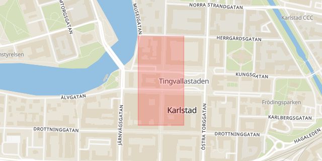 Karta som med röd fyrkant ramar in Värmlands Tingsrätt, Karlstad, Värmlands län