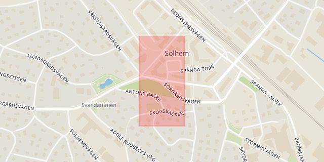 Karta som med röd fyrkant ramar in Solhem, Spånga Torgväg, Sörgårdsvägen, Stockholm, Stockholms län