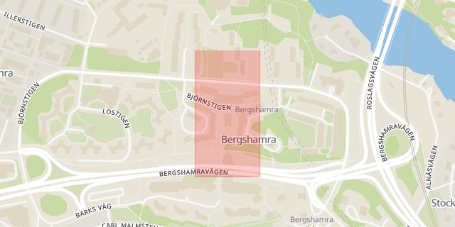 Karta som med röd fyrkant ramar in Bergshamra, Bibliotek, Solna, Stockholms län