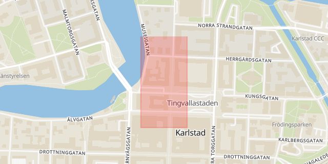 Karta som med röd fyrkant ramar in Brogatan, Citygrillen, Tempel, Karlstad, Värmlands län