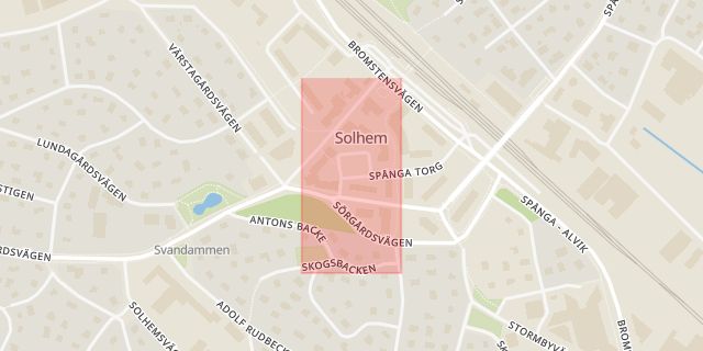 Karta som med röd fyrkant ramar in Spånga Torg, Stockholm, Stockholms län
