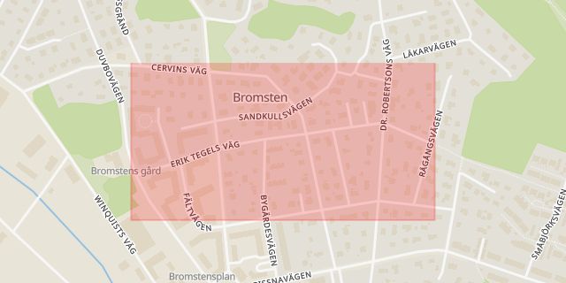 Karta som med röd fyrkant ramar in Bromsten, Erik Tegels Väg, Stockholm, Stockholms län