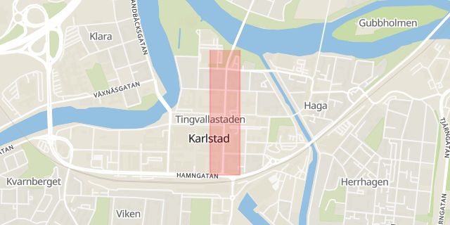 Karta som med röd fyrkant ramar in Östra Torggatan, Karlstad, Värmlands län