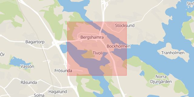 Karta som med röd fyrkant ramar in Bergshamra, Hammarby, Solna, Stockholms län