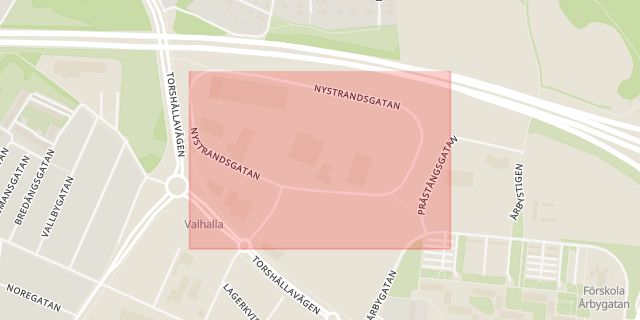 Karta som med röd fyrkant ramar in Nystrandsgatan, Eskilstuna, Södermanlands län