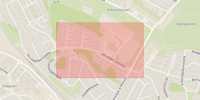 Karta som med röd fyrkant ramar in Solhems Hagväg, Tensta, Stockholm, Stockholms län
