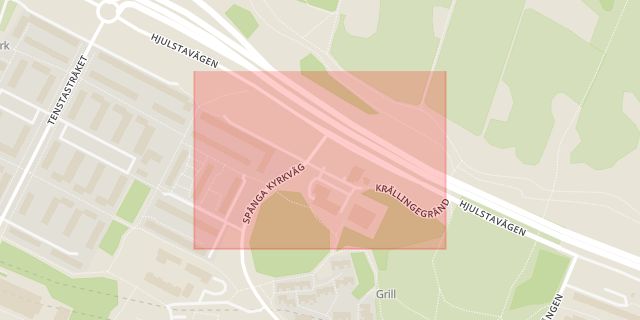 Karta som med röd fyrkant ramar in Krällingegränd, Tensta, Stockholm, Stockholms län