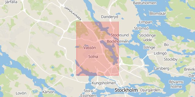 Karta som med röd fyrkant ramar in Stockholm, Solna, Stockholms län