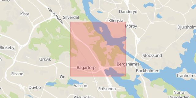 Karta som med röd fyrkant ramar in Ulriksdal, Upplands Väsby, Solna, Stockholms län
