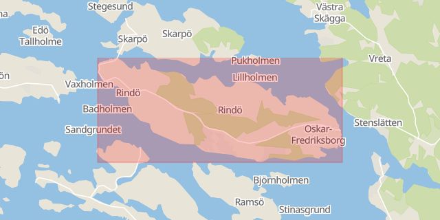 Karta som med röd fyrkant ramar in Rindö, Vaxholm, Stockholms län