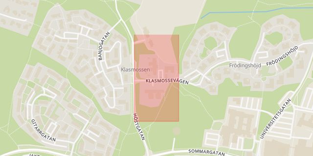 Karta som med röd fyrkant ramar in Kronoparken, Klasmossens Ip, Karlstad, Värmlands län
