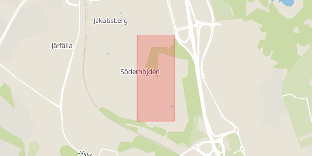 Karta som med röd fyrkant ramar in Dackevägen, Jakobsberg, Järfälla, Stockholms län