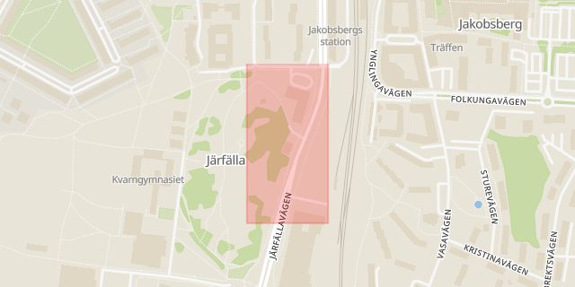 Karta som med röd fyrkant ramar in Jakobsberg, Kvarntorpet, Järfälla, Stockholms län