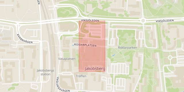Karta som med röd fyrkant ramar in Jakobsberg, Jakobsbergs Centrum, Järfälla, Stockholms län