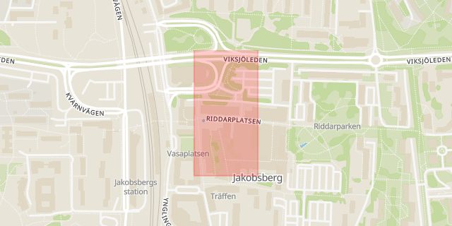 Karta som med röd fyrkant ramar in Riddarplatsen, Jakobsberg, Järfälla, Stockholms län