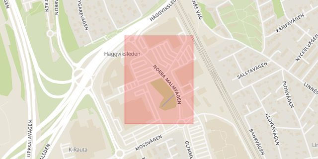 Karta som med röd fyrkant ramar in Häggvik, Norra Malmvägen, Sollentuna, Stockholms län